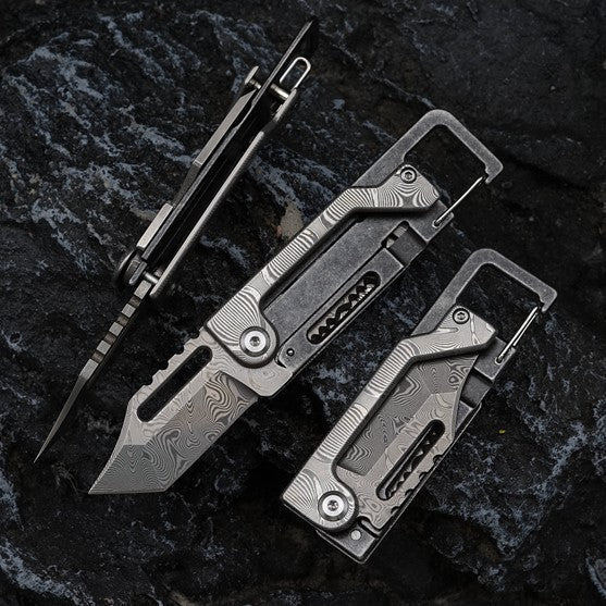 Damascus Folding Knife – Dual-Action Blade with 9-in-1 EDC Keychain Tool detail image - detail view 3