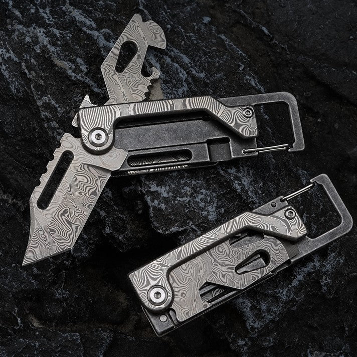 Damascus Folding Knife – Dual-Action Blade with 9-in-1 EDC Keychain Tool detail image - detail view 6