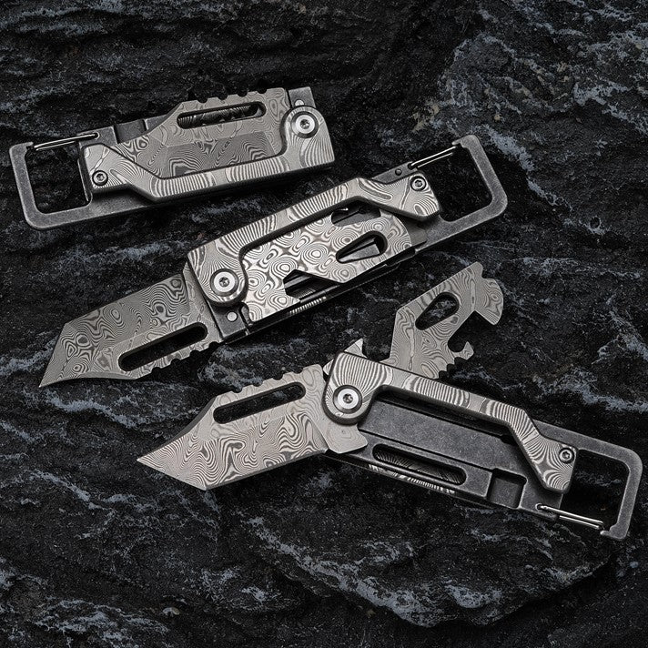 Damascus Folding Knife – Dual-Action Blade with 9-in-1 EDC Keychain Tool detail image - detail view 7