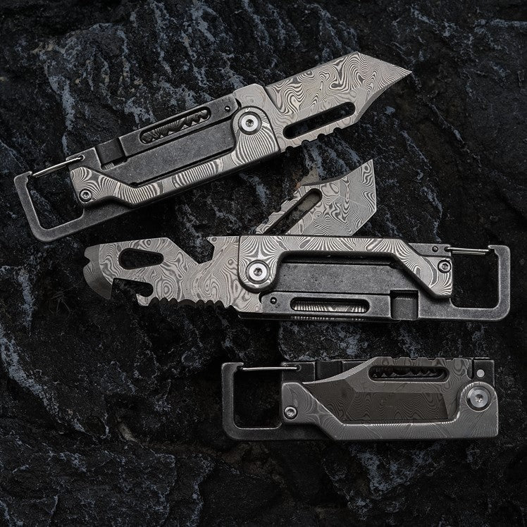 Damascus Folding Knife – Dual-Action Blade with 9-in-1 EDC Keychain Tool detail image - detail view 8