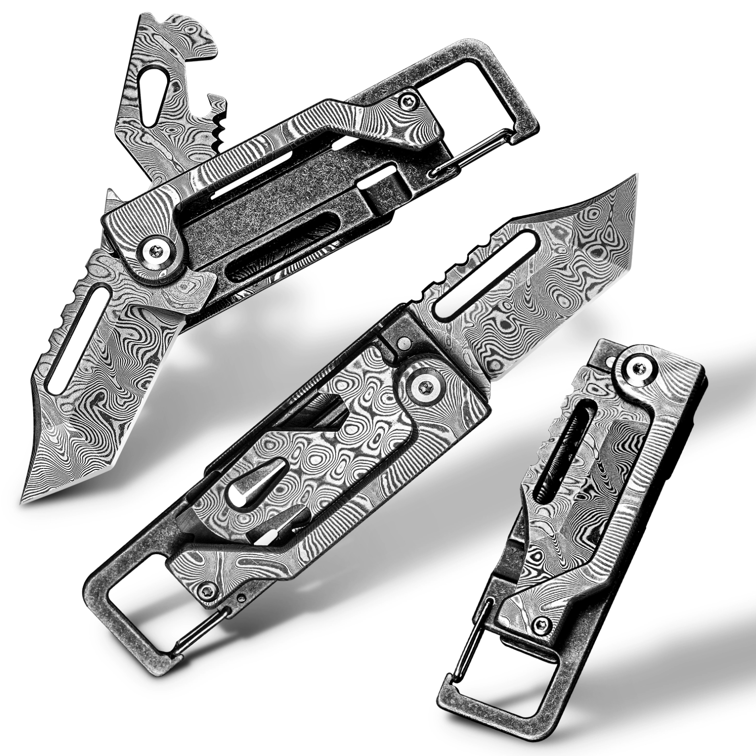 Damascus Folding Knife – Dual-Action Blade with 9-in-1 EDC Keychain Tool detail image - detail view 9