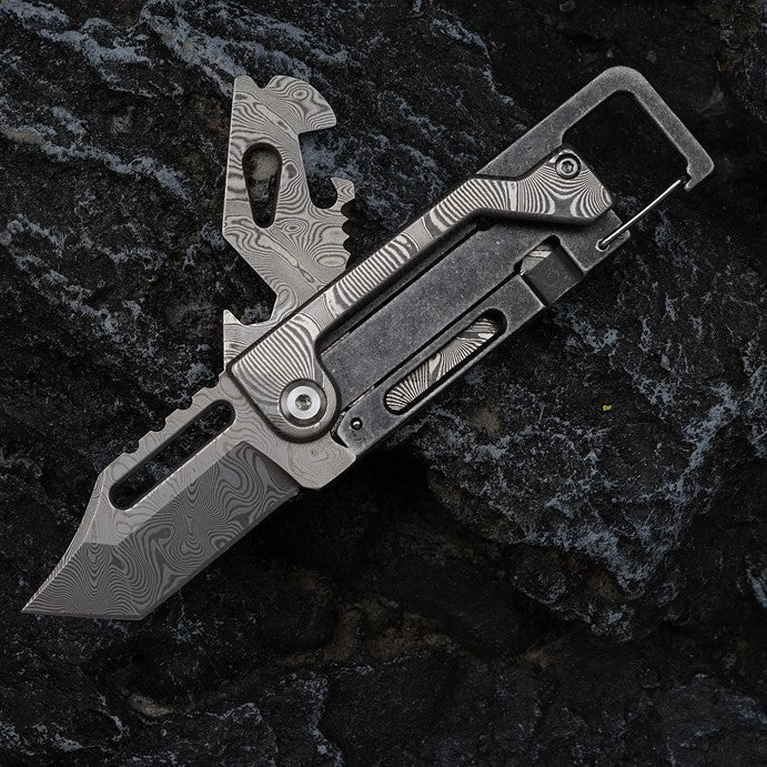Damascus Folding Knife – Dual-Action Blade with 9-in-1 EDC Keychain Tool product image