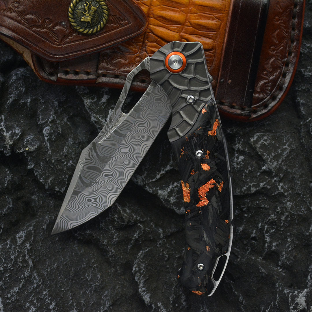 Damascus Folding Knife – Nightflare VG10 EDC with Titanium Carbon Fiber Handle detail image