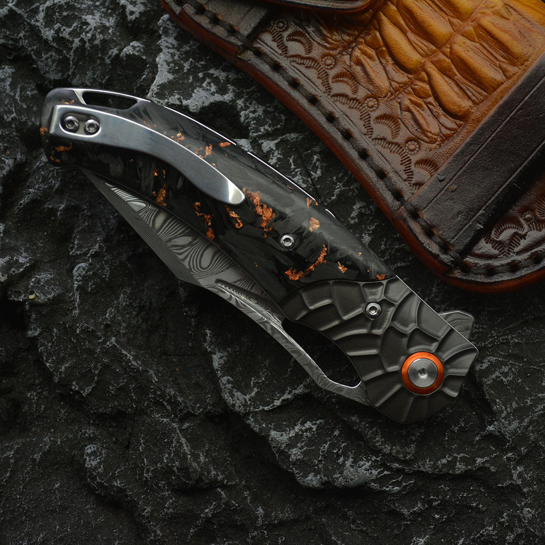 Damascus Folding Knife – Nightflare VG10 EDC with Titanium Carbon Fiber Handle detail image - detail view 5