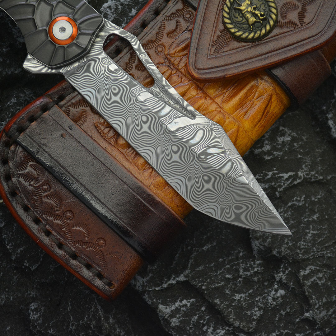 Damascus Folding Knife – Nightflare VG10 EDC with Titanium Carbon Fiber Handle detail image - detail view 7