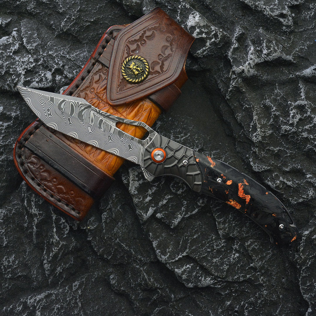 Damascus Folding Knife – Nightflare VG10 EDC with Titanium Carbon Fiber Handle product image