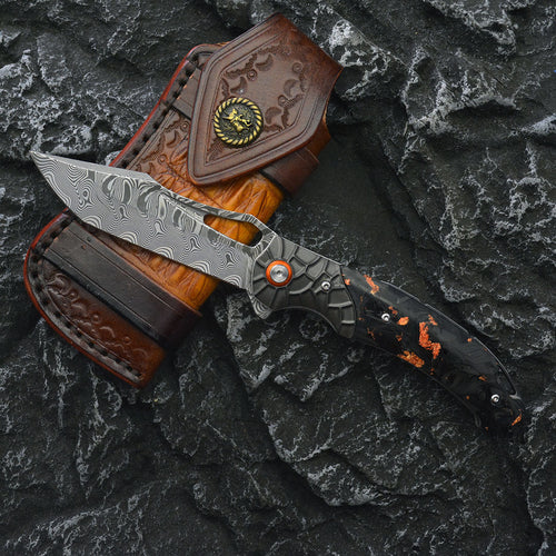Damascus Folding Knife – Nightflare VG10 EDC with Titanium Carbon Fiber Handle product image