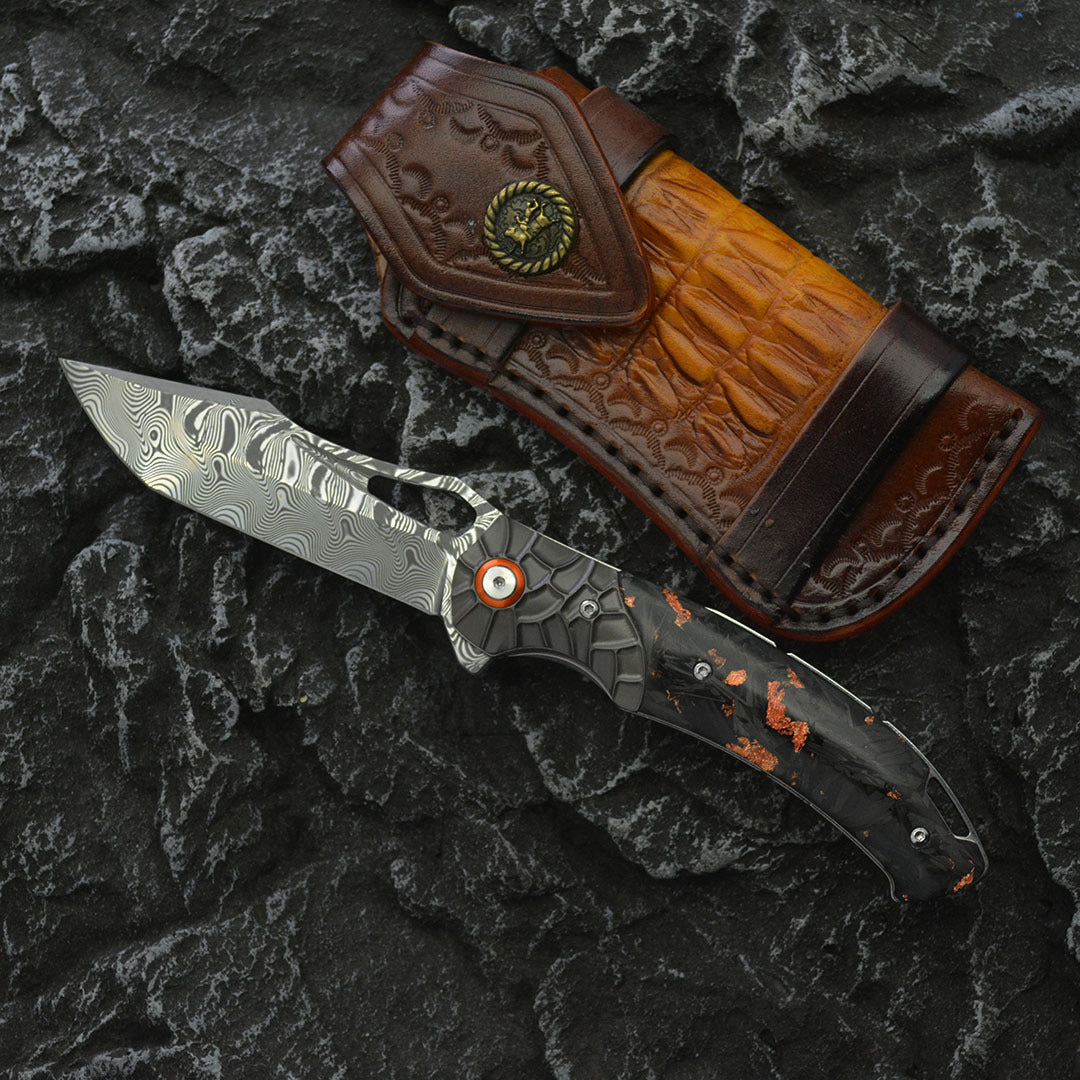 Damascus Folding Knife – Nightflare VG10 EDC with Titanium Carbon Fiber Handle variant image - product view 3