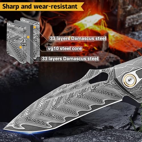 Damascus Folding Knife – Obsidian Edge Steel with VG10 & Stabilized Wood detail image - detail view 10