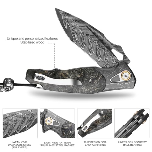 Damascus Folding Knife – Obsidian Edge Steel with VG10 & Stabilized Wood detail image - detail view 11