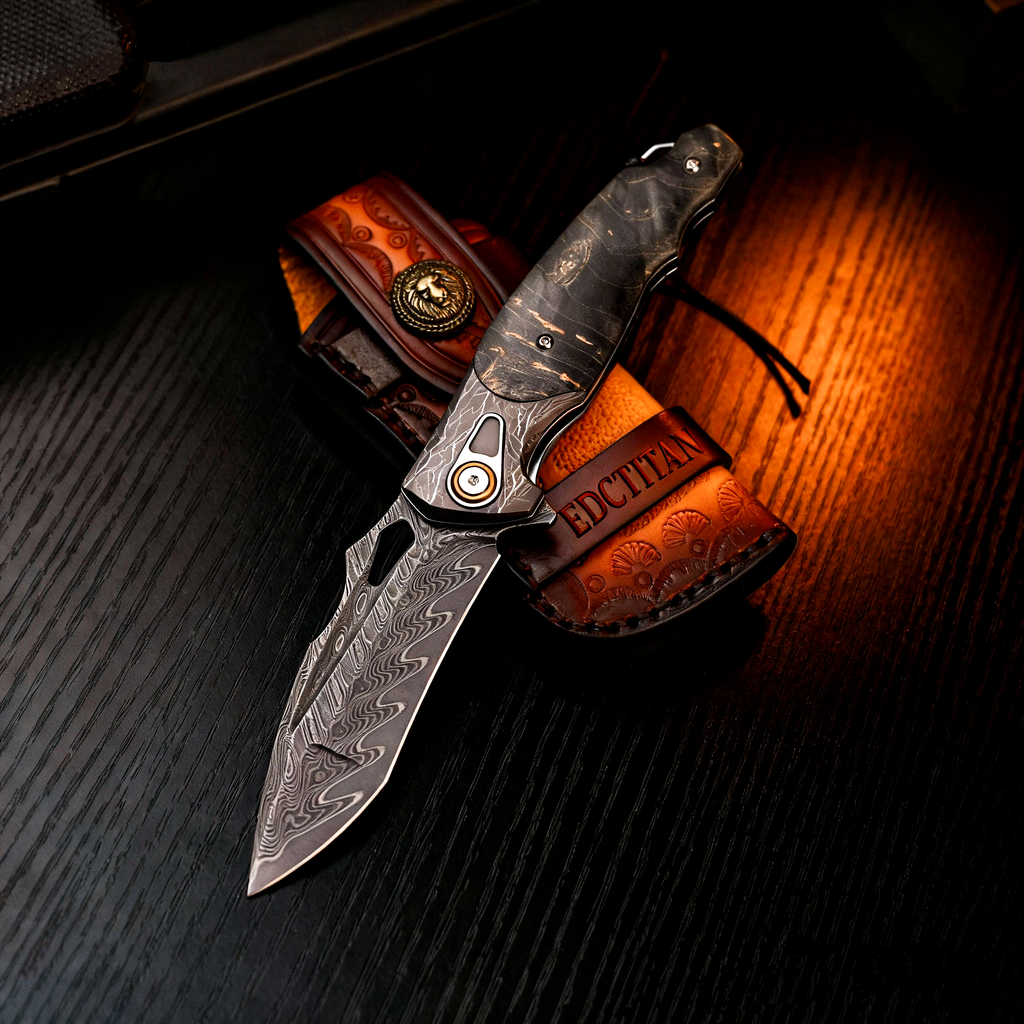 Damascus Folding Knife – Obsidian Edge Steel with VG10 & Stabilized Wood detail image - detail view 12