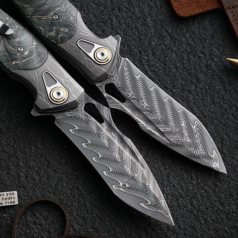 Damascus Folding Knife – Obsidian Edge Steel with VG10 & Stabilized Wood detail image