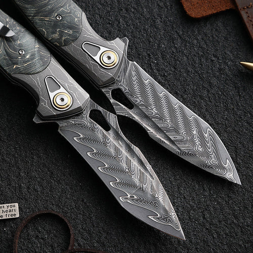 Damascus Folding Knife – Obsidian Edge Steel with VG10 & Stabilized Wood detail image