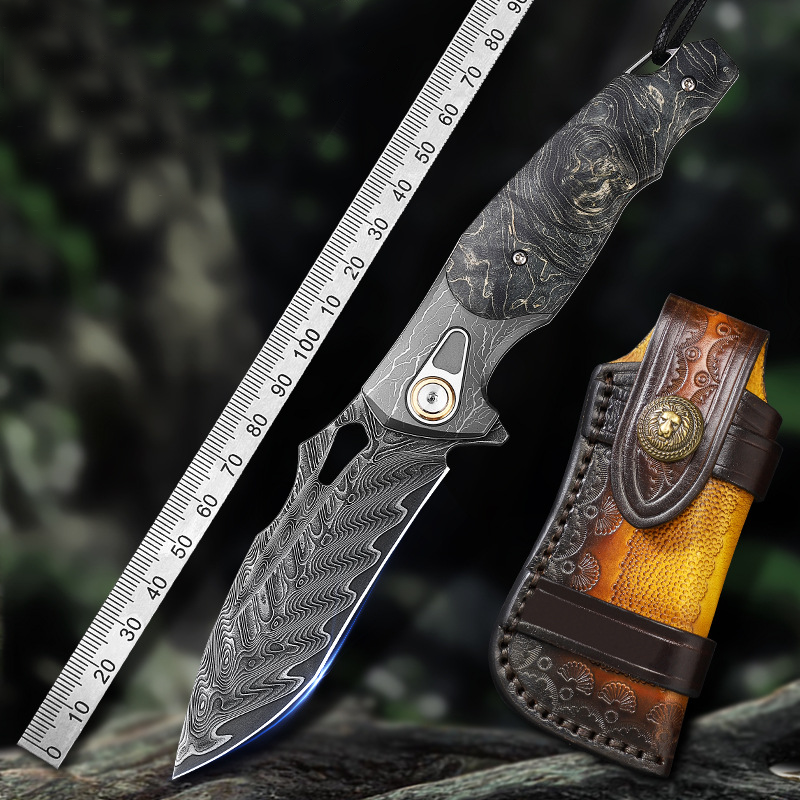 Damascus Folding Knife – Obsidian Edge Steel with VG10 & Stabilized Wood detail image - detail view 3