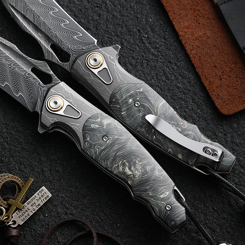 Damascus Folding Knife – Obsidian Edge Steel with VG10 & Stabilized Wood detail image - detail view 5