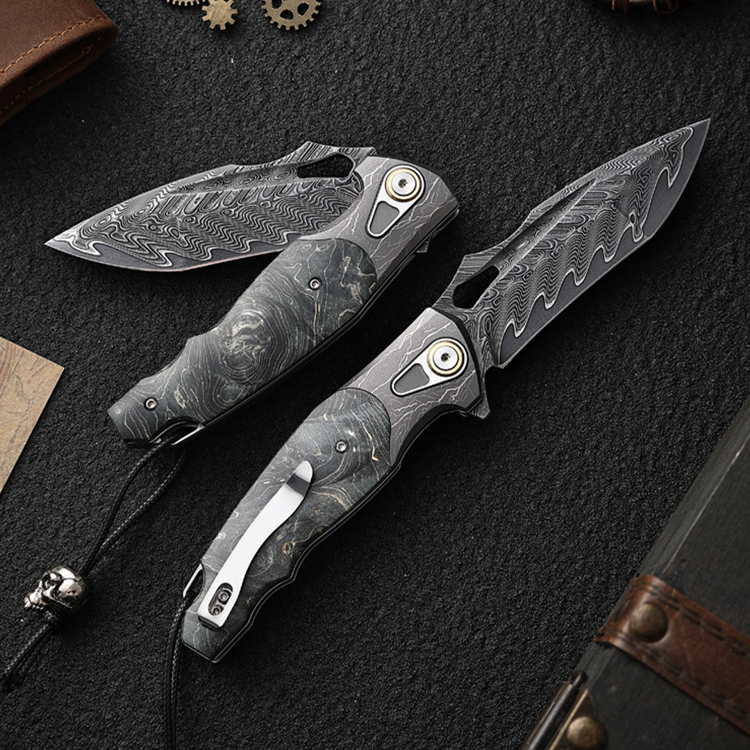 Damascus Folding Knife – Obsidian Edge Steel with VG10 & Stabilized Wood detail image - detail view 7