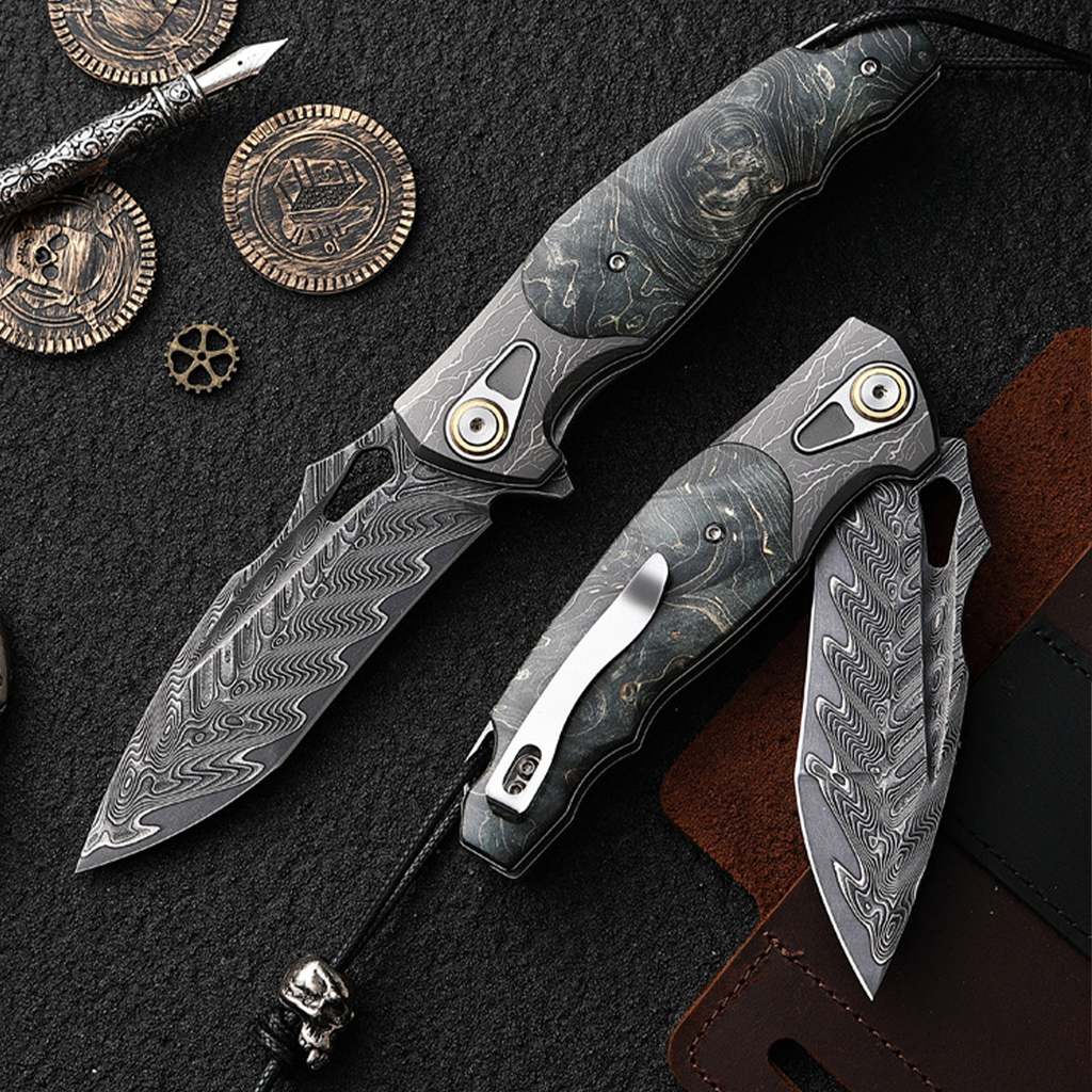 Damascus Folding Knife – Obsidian Edge Steel with VG10 & Stabilized Wood detail image - detail view 9