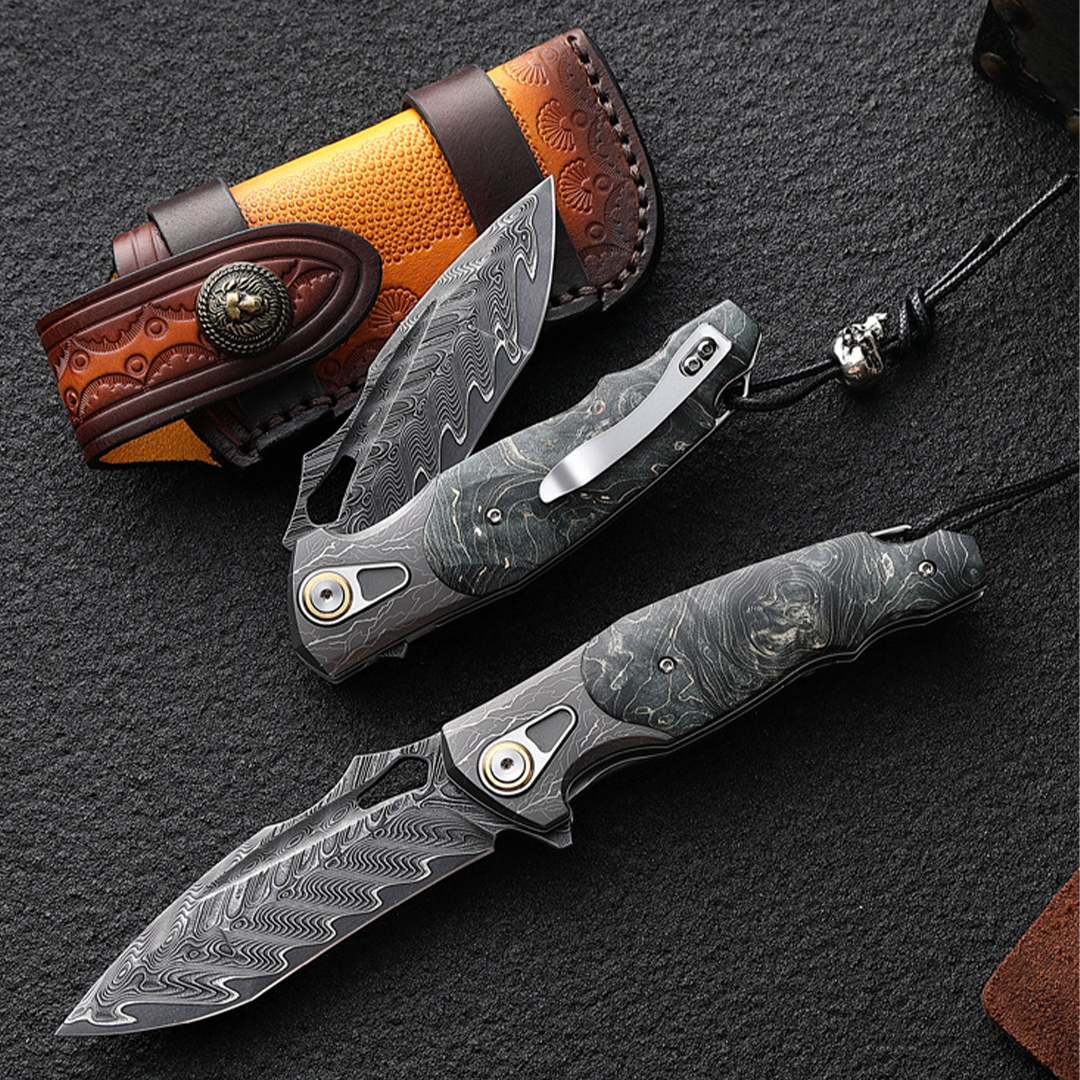 Damascus Folding Knife – Obsidian Edge Steel with VG10 & Stabilized Wood product image