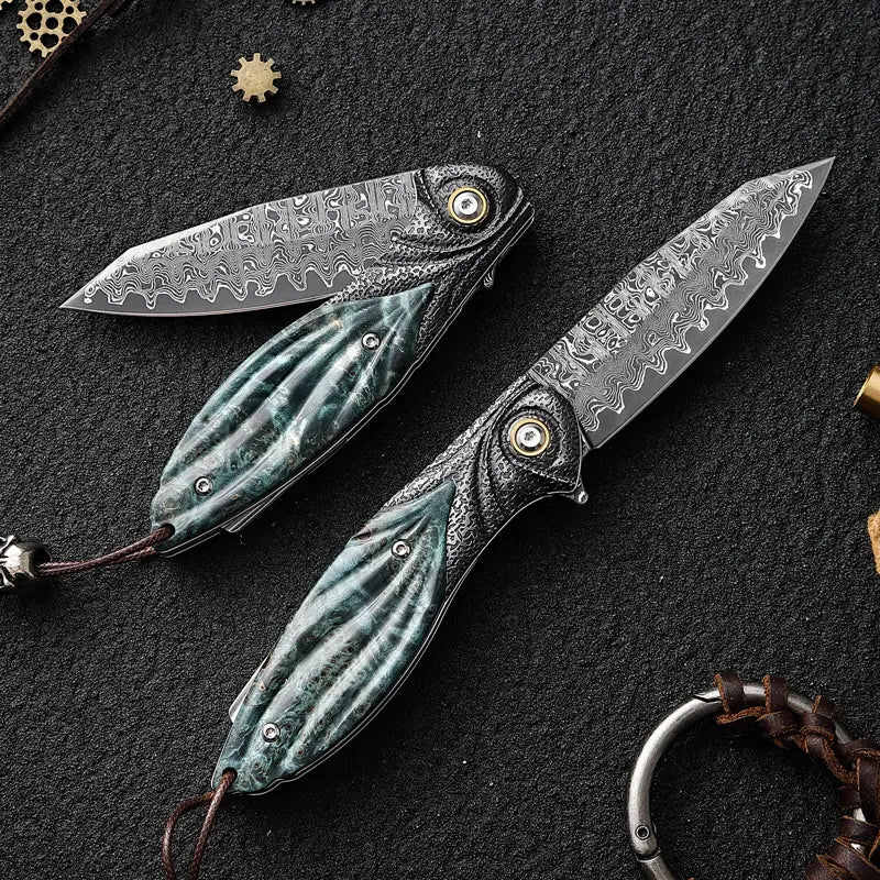 Damascus Folding Knife – Peacock Forge VG10 Pocket with Hand-Carved Handle EDC product image