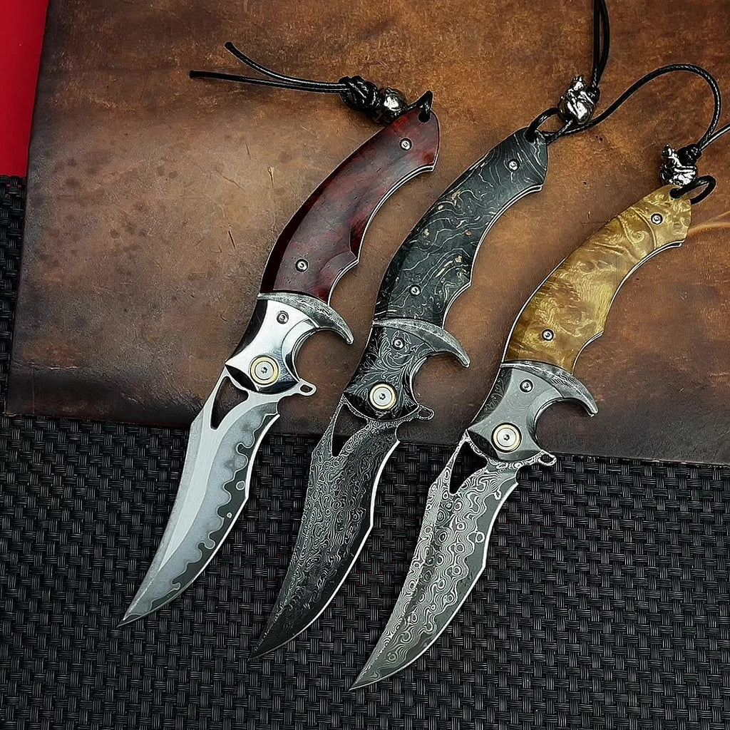 Damascus Folding Knife – Shadowfang VG10 Steel with Hardwood Handle EDC detail image - detail view 3