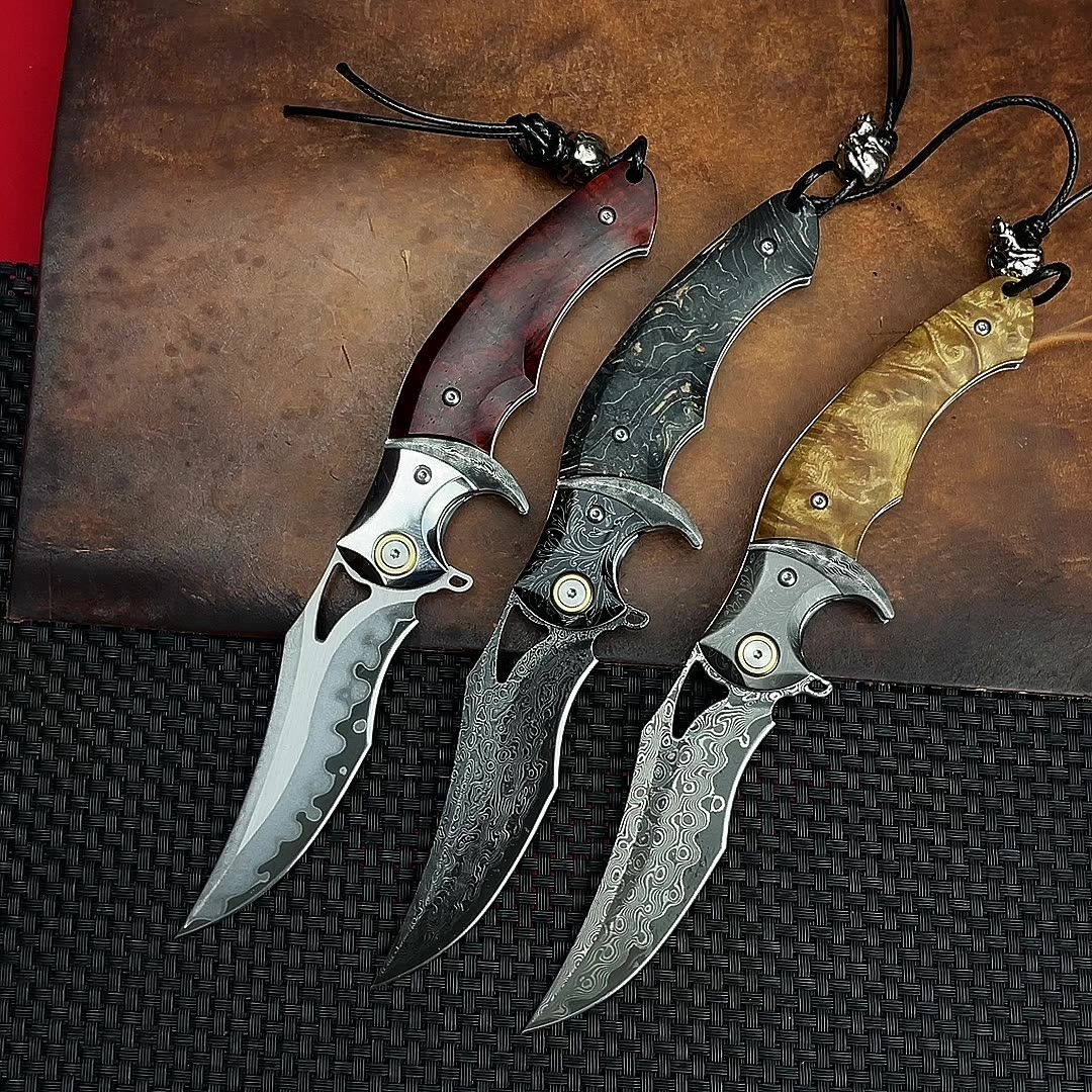 Damascus Folding Knife – Shadowfang VG10 Steel with Hardwood Handle EDC detail image - detail view 3