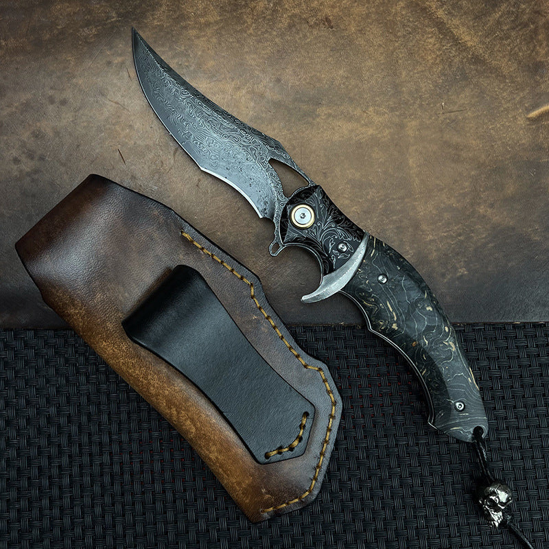 Damascus Folding Knife – Shadowfang VG10 Steel with Hardwood Handle EDC detail image - detail view 5