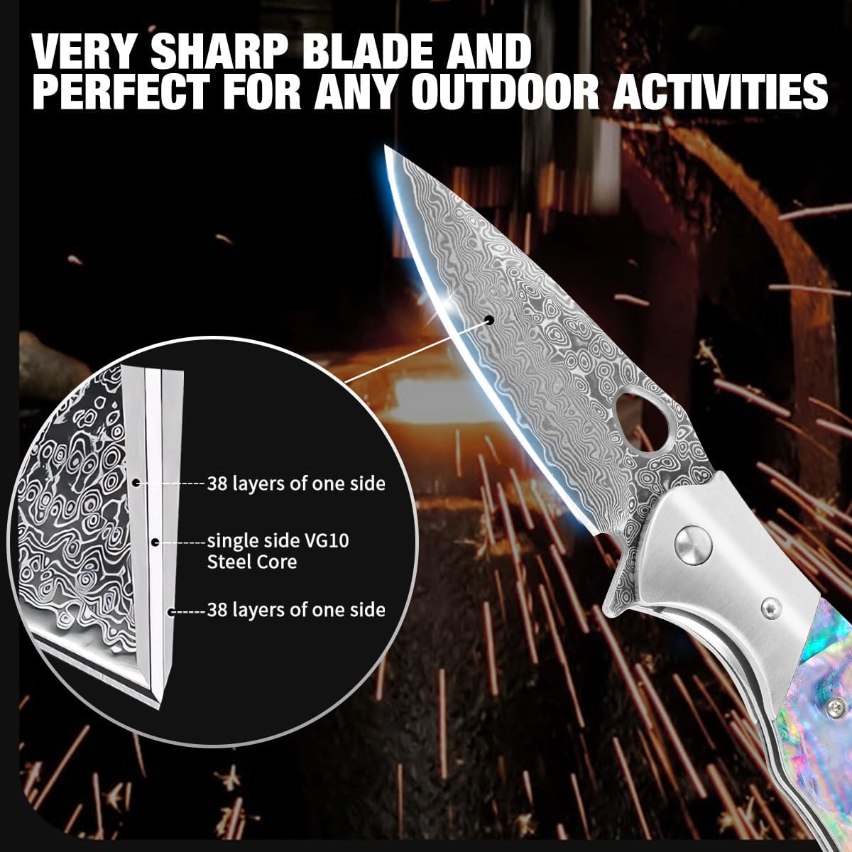 Damascus Folding Knife – Shellshade Swoop with VG10 Steel with Abalone Shell Handle detail image - detail view 3