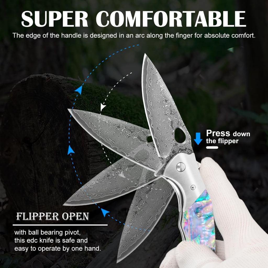 Damascus Folding Knife – Shellshade Swoop with VG10 Steel with Abalone Shell Handle detail image - detail view 5
