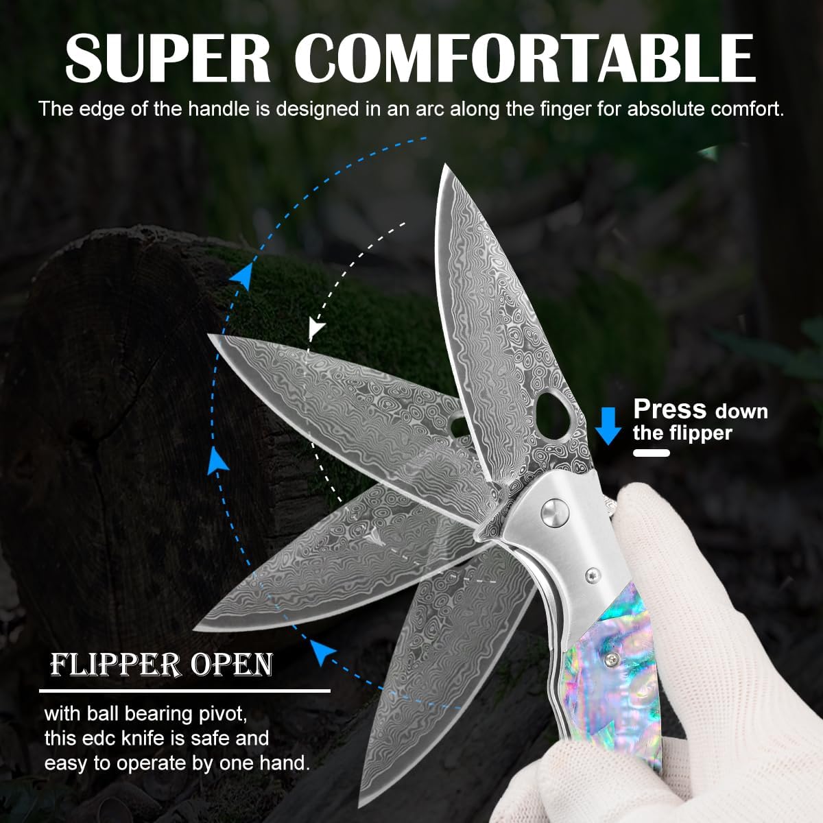 Damascus Folding Knife – Shellshade Swoop with VG10 Steel with Abalone Shell Handle detail image - detail view 5