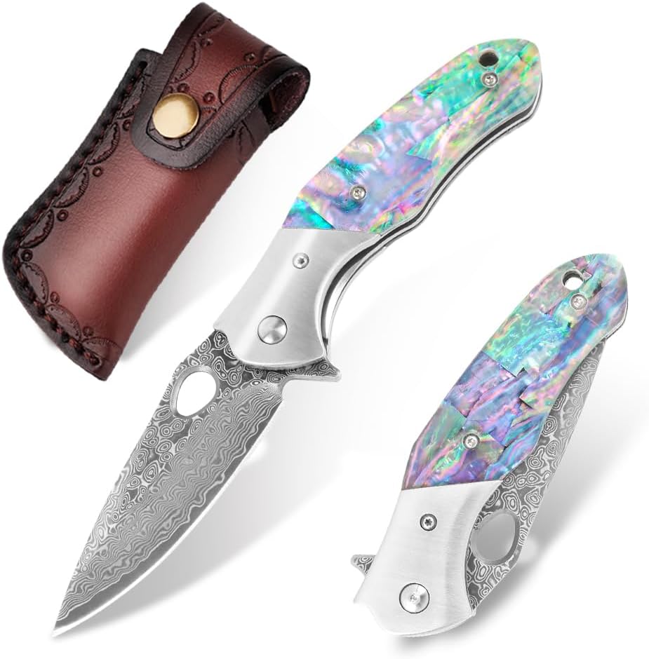 Damascus Folding Knife – Shellshade Swoop with VG10 Steel with Abalone Shell Handle detail image - detail view 6