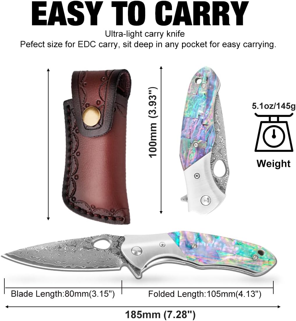 Damascus Folding Knife – Shellshade Swoop with VG10 Steel with Abalone Shell Handle detail image - detail view 7