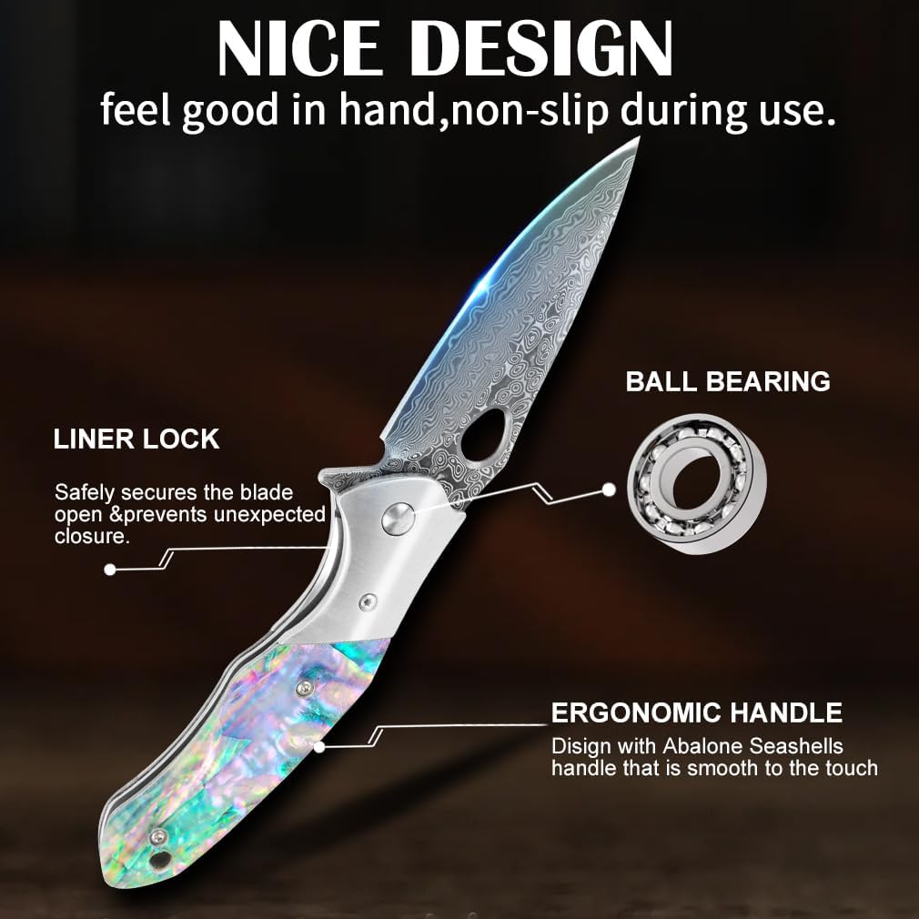 Damascus Folding Knife – Shellshade Swoop with VG10 Steel with Abalone Shell Handle detail image - detail view 8