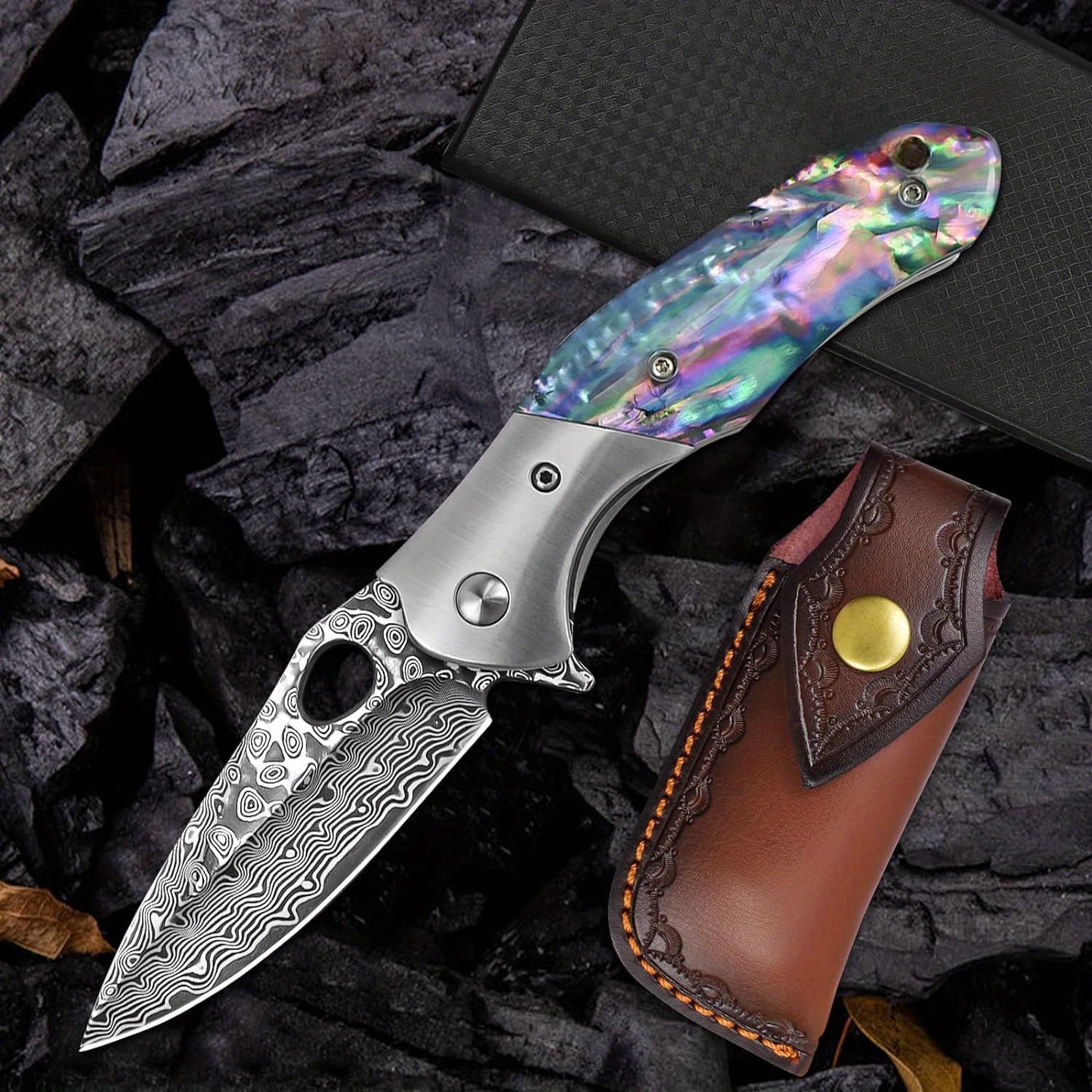 Damascus Folding Knife – Shellshade Swoop with VG10 Steel with Abalone Shell Handle product image