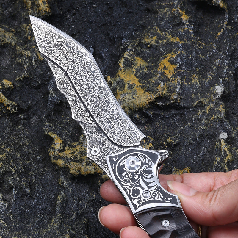 Damascus Folding Knife – Sky Blade with 107-Layer VG10 Steel with Ebony Handle detail image - detail view 3