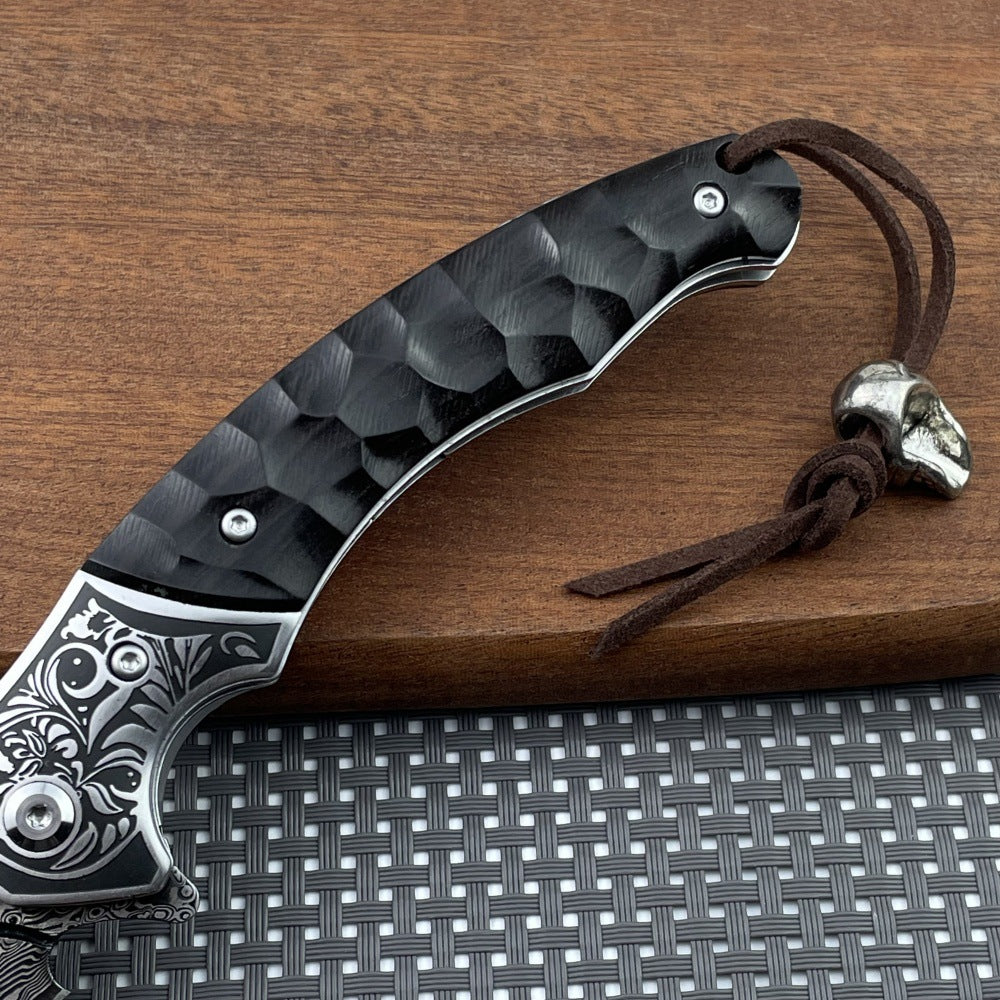 Damascus Folding Knife – Sky Blade with 107-Layer VG10 Steel with Ebony Handle detail image - detail view 4
