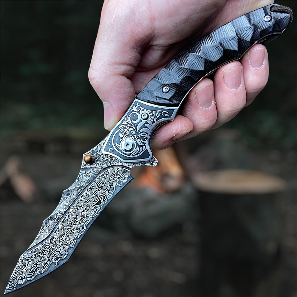 Damascus Folding Knife – Sky Blade with 107-Layer VG10 Steel with Ebony Handle detail image - detail view 7