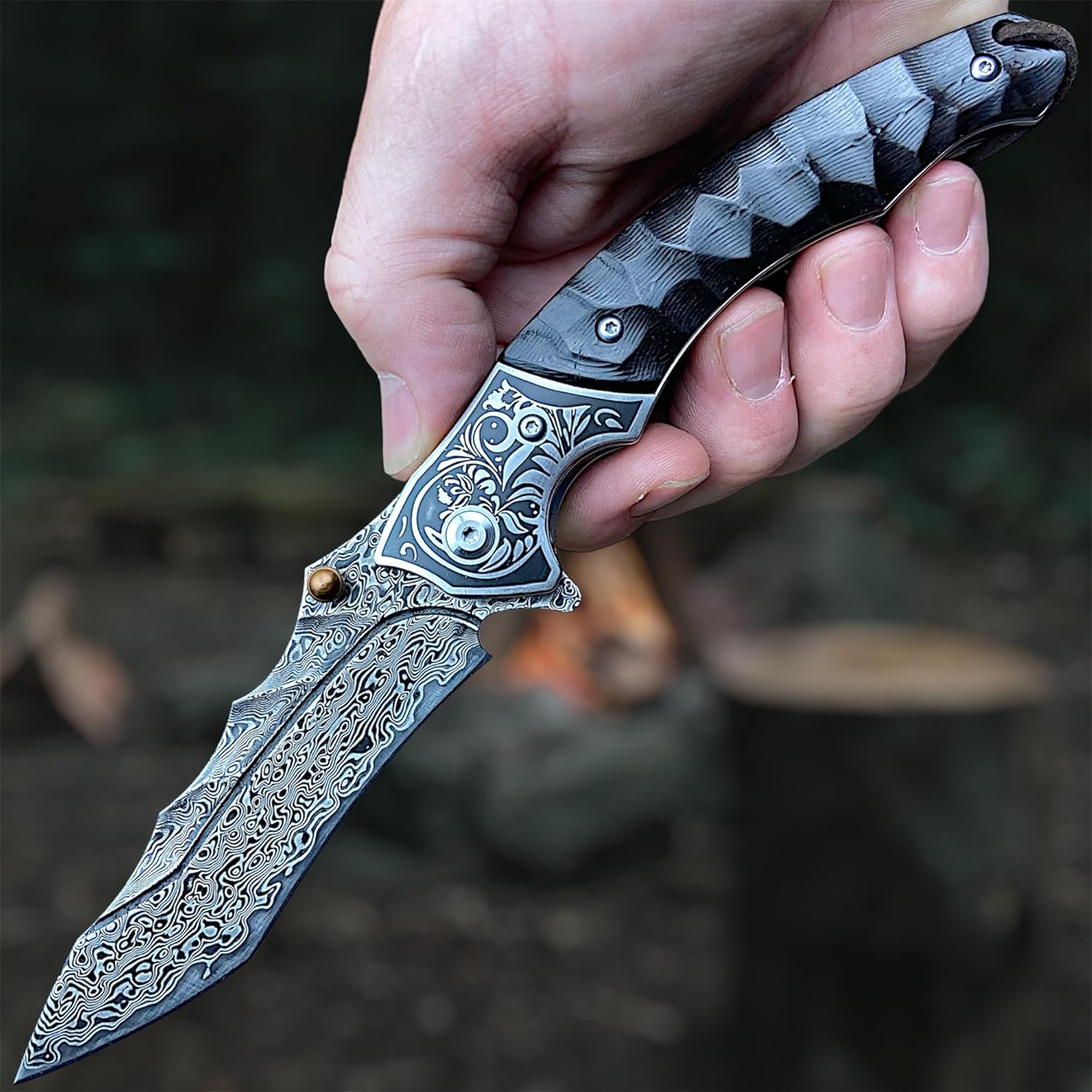 Damascus Folding Knife – Sky Blade with 107-Layer VG10 Steel with Ebony Handle detail image - detail view 7