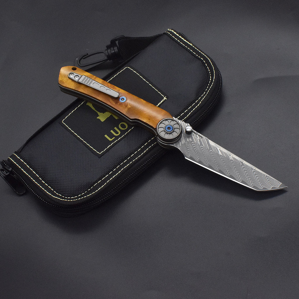 Damascus Folding Knife – SolarFlame EDC with VG10 Steel with Golden Phoebe Handle detail image - detail view 11