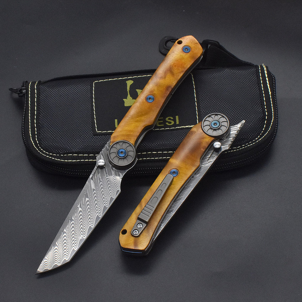 Damascus Folding Knife – SolarFlame EDC with VG10 Steel with Golden Phoebe Handle detail image