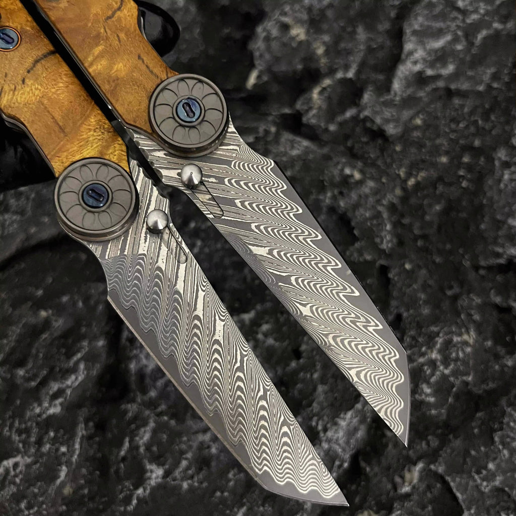 Damascus Folding Knife – SolarFlame EDC with VG10 Steel with Golden Phoebe Handle detail image - detail view 4