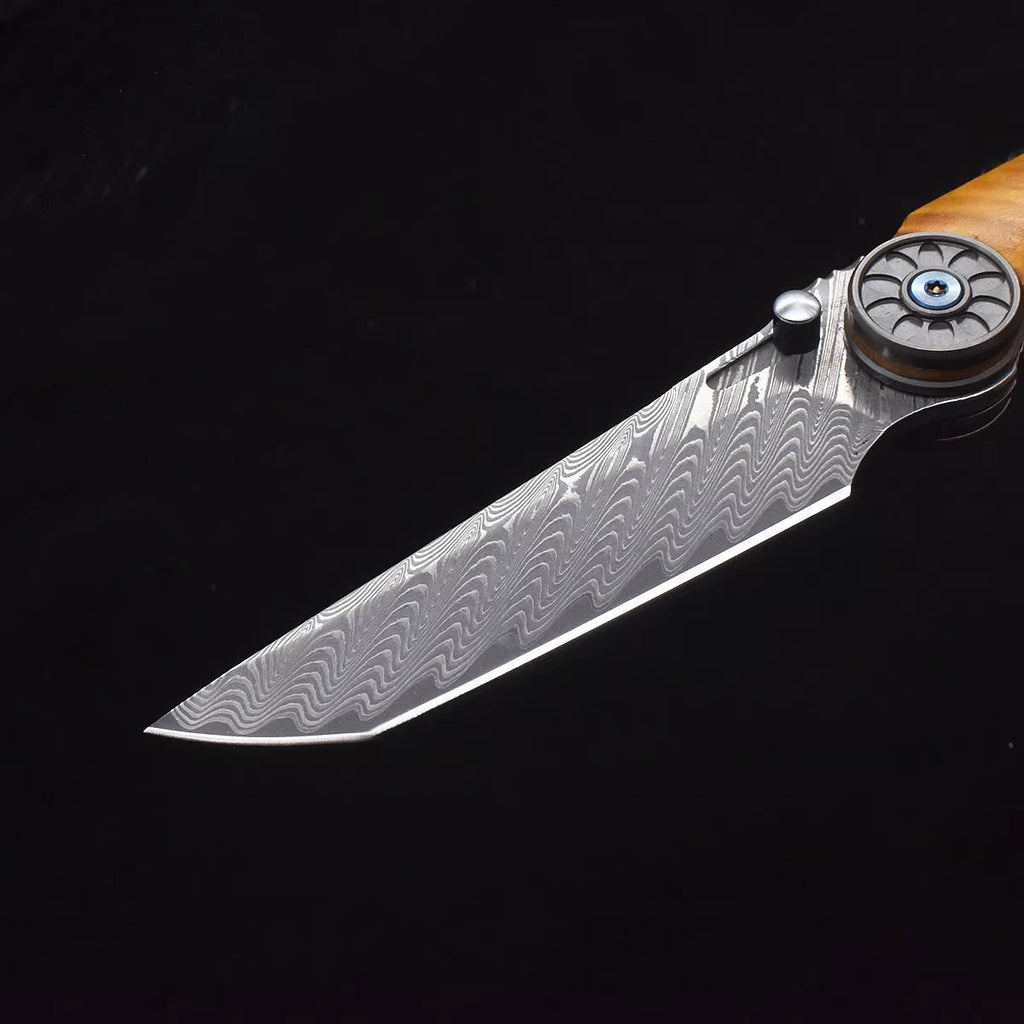 Damascus Folding Knife – SolarFlame EDC with VG10 Steel with Golden Phoebe Handle detail image - detail view 7
