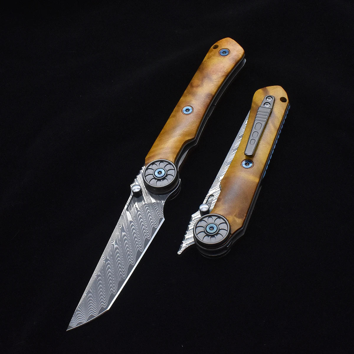 Damascus Folding Knife – SolarFlame EDC with VG10 Steel with Golden Phoebe Handle detail image - detail view 9