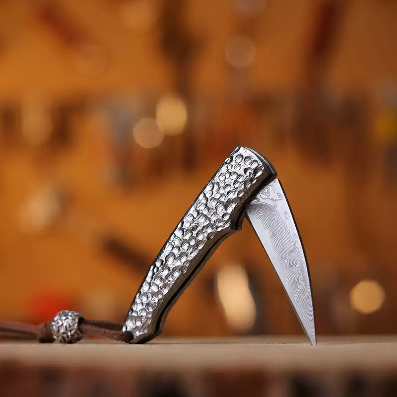 Damascus Folding Knife – Steel Pocket Compact Keychain EDC Collector detail image