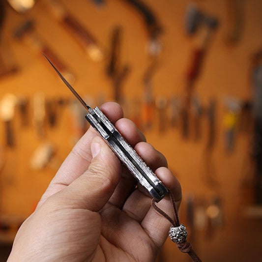 Damascus Folding Knife – Steel Pocket Compact Keychain EDC Collector detail image - detail view 3