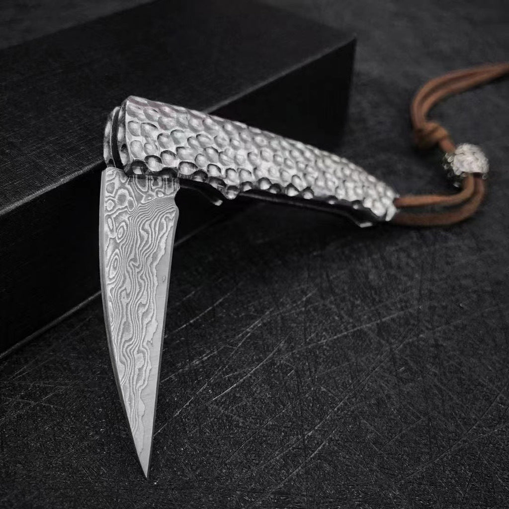 Damascus Folding Knife – Steel Pocket Compact Keychain EDC Collector detail image - detail view 9