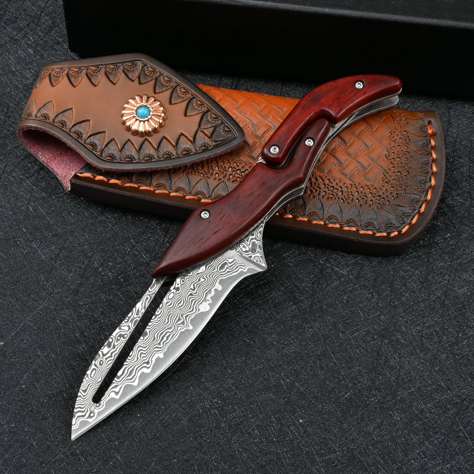 Damascus Folding Knife – Steel Pocket Mechanical Lock Camping EDC Collector detail image - detail view 3