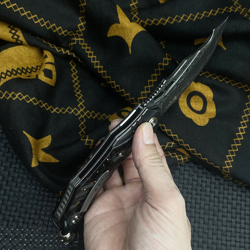 Damascus Folding Knife – VG10 Carbon Fiber Handle Copper Flake Hand Finished EDC Collector detail image