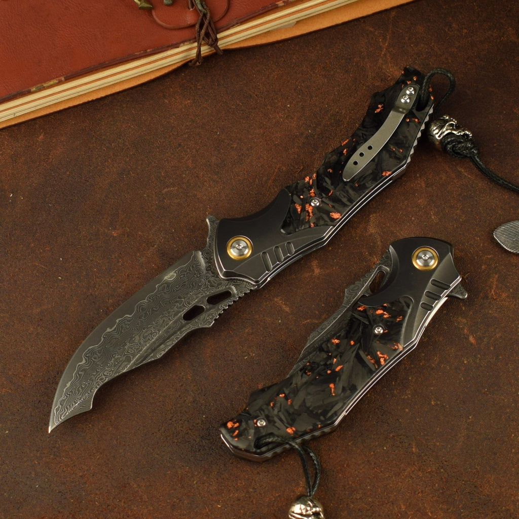 Damascus Folding Knife – VG10 Carbon Fiber Handle Copper Flake Hand Finished EDC Collector detail image - detail view 3