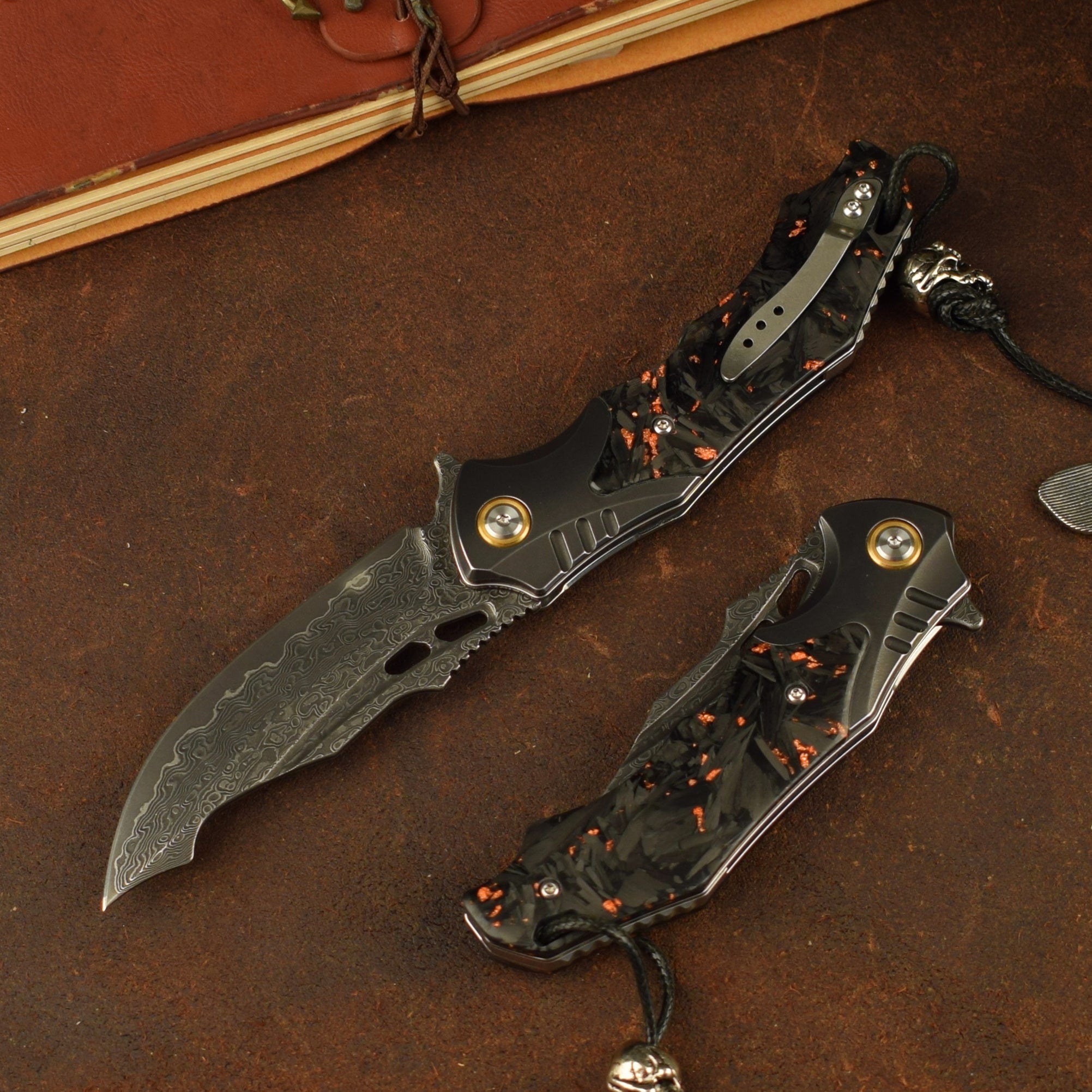 Damascus Folding Knife – VG10 Carbon Fiber Handle Copper Flake Hand Finished EDC Collector detail image - detail view 3