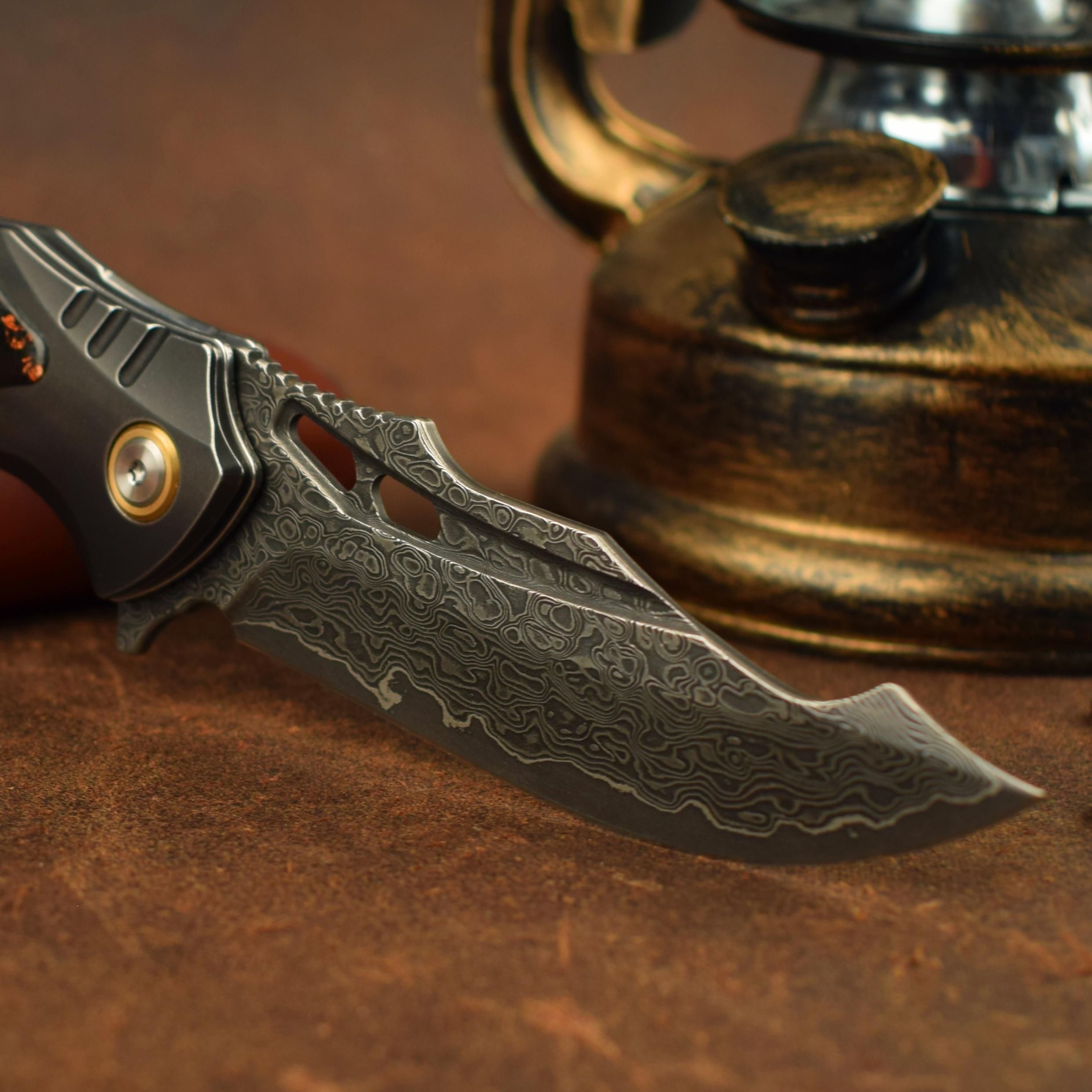 Damascus Folding Knife – VG10 Carbon Fiber Handle Copper Flake Hand Finished EDC Collector detail image - detail view 4
